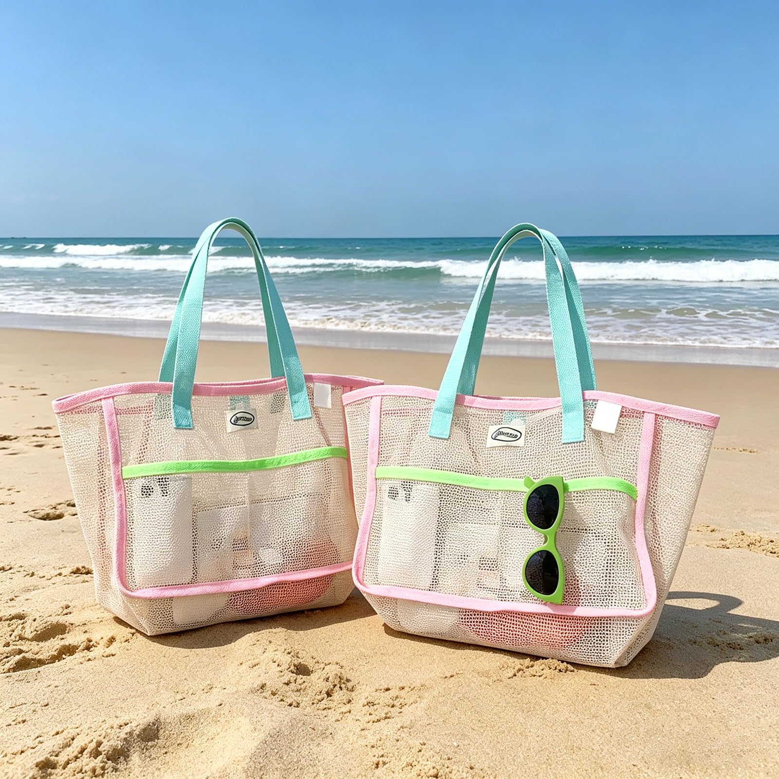 Travel Accessories Bag - กระเป๋าชายหาดสำหรับผู้หญิง กระเป๋าตาข่ายพับได้หลากสี กระเป๋าใส่ทราย กระเป๋าเดินทาง กระเป๋าเก็บของสำหรับสระว่ายน้ำ สำหรับอุปกรณ์ชายหาด